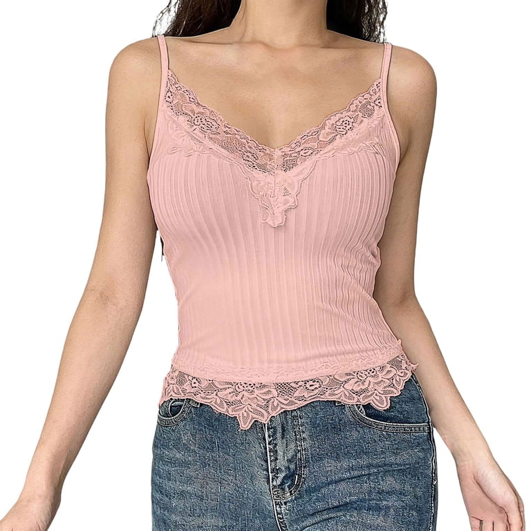 Sexy Lace Tank Tops for Women Summer Lace Splicing Spaghetti Strap