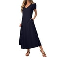 thumbnail image 2 of Wedding Guest Dresses for Women, Women's Summer Sexy Fashion Solid Color Pocket Ruffle Short Sleeve V-Neck Dress(Navy,M), 2 of 8