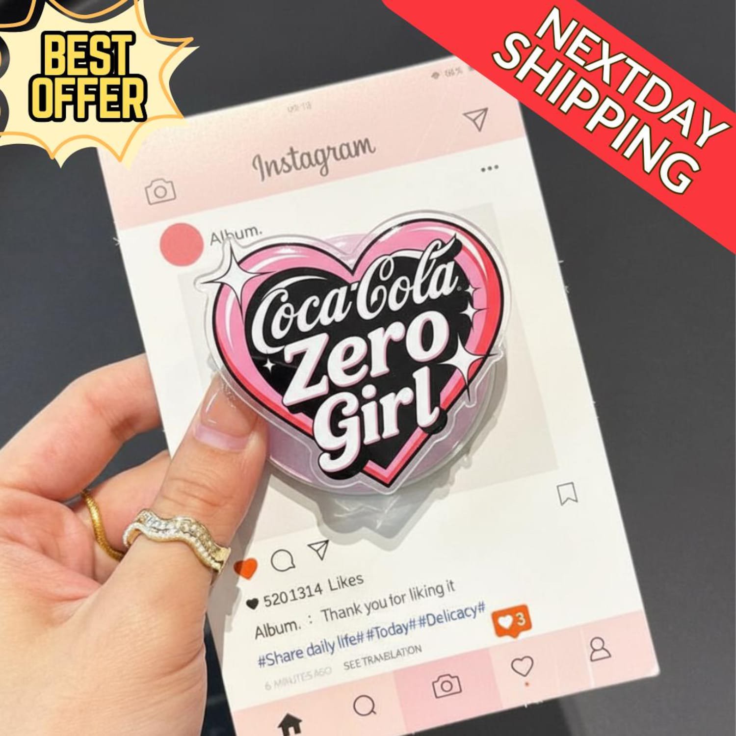 Zero Girl Acrylic Magnetic Phone Grip - Bold Retro Phone Stand with Pink Heart, Cute Pop Culture Phone Accessory for Trendy Teens