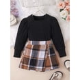 thumbnail image 3 of Pudcoco Kids Girl Fall Outfits Solid Color Square Neck Long Sleeve Tops Buttons Mini Plaid Skirts 2Pcs Clothes Set, 3 of 8