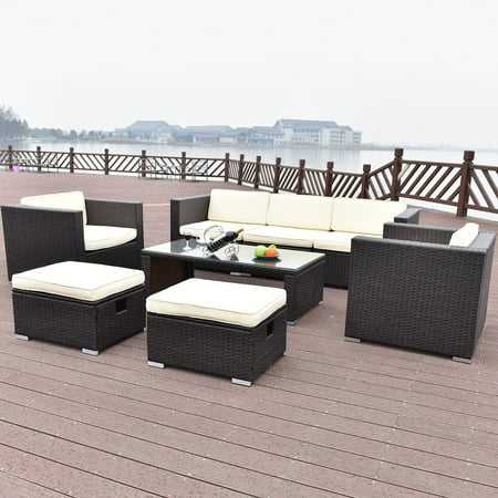 Paint Outdoor Furniture Costway 8 PCS Outdoor Patio Rattan Wicker Furniture Set Sofa Cushioned Garden Brown ()
