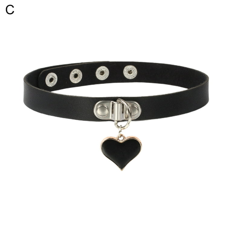 Heart Choker Necklace Faux Leather Collar Black Pink Adjustable Rivet  Chocker
