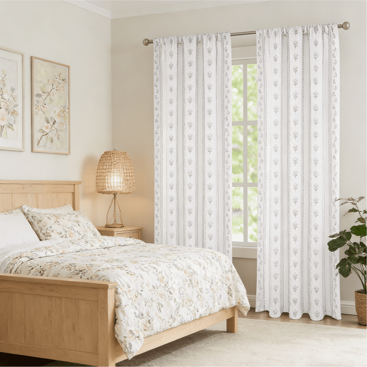 Invoibler Boho Floral Print Curtain Panels, Light Filtering Window Drapes for Bedroom and Living Room, Gray, 52" W x 84" L, Set of 2