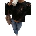 thumbnail image 3 of Women's Crochet Sweater Crew Neck Long Sleeve Tie Open Back Cropped Sweater Knit Pullover Top Black S, 3 of 10