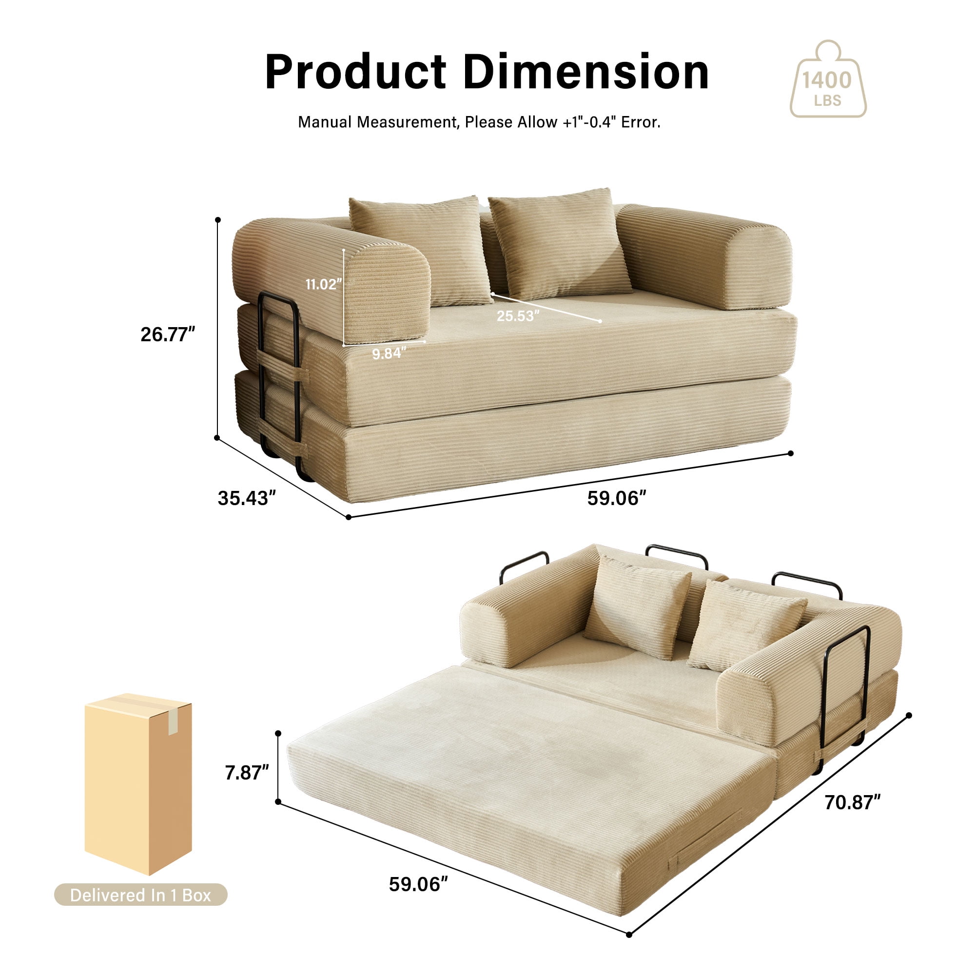59" 5-in-1 Convertible Corduroy Sofa Bed, No-Assembly Boneless Loveseat Pull-Out Sleeper for Small Spaces(Beige)