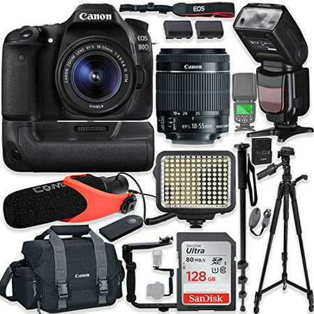 Canon EOS 80D DSLR Camera w/Canon 18-55mm STM Lens Kit + Pro Photo & Video Accessories Including 128GB Memory, Speedlight TTL Flash, Battery Grip, LED Light, Condenser Micorphone, 60