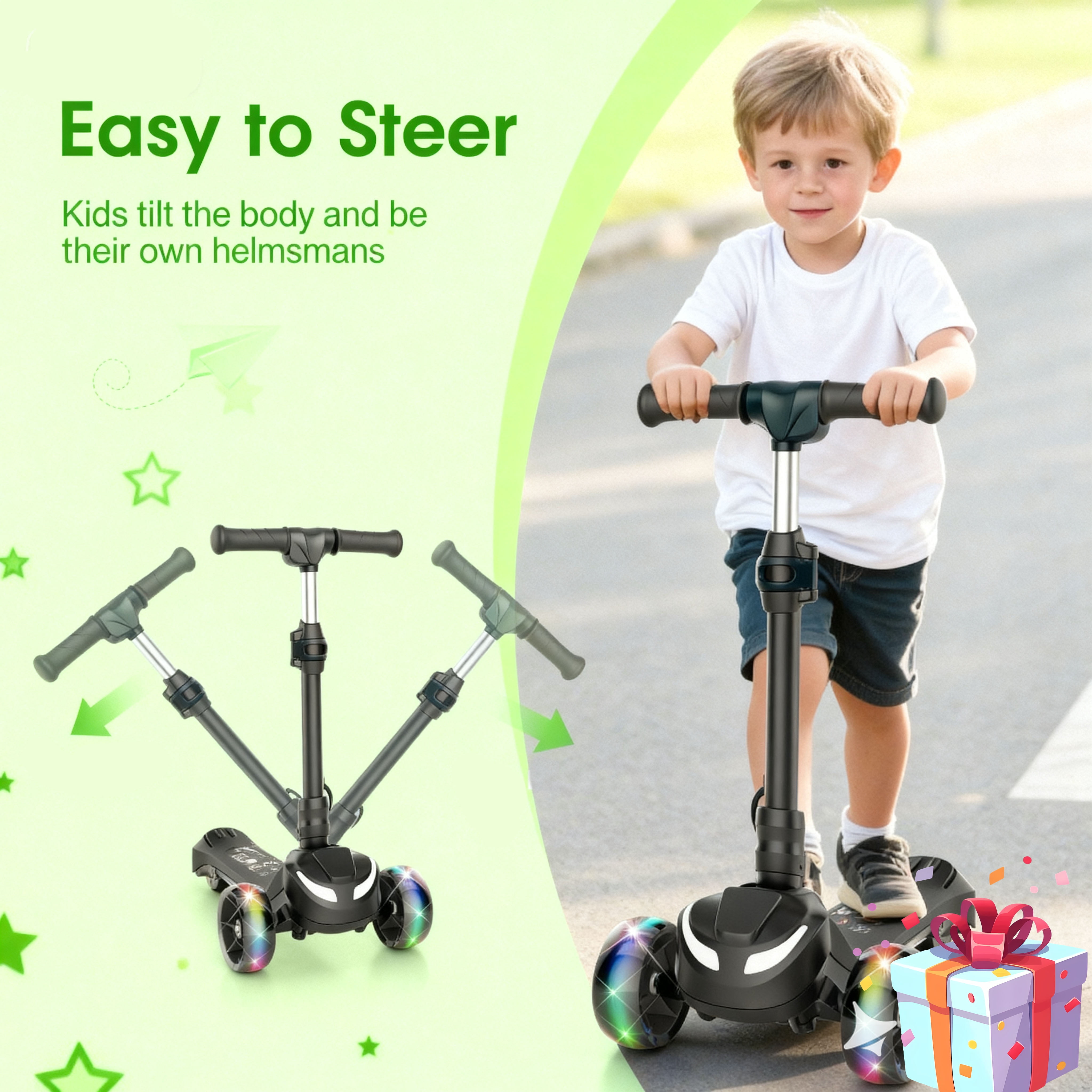 Electric Scooter for Kids Age 3-6, Bluetooth & Display Foldable 3-Wheel Escooter, Light-Up Wheels & Pedal Adjustable Scooter, 2-Speed Electric Ride On Toys (White)