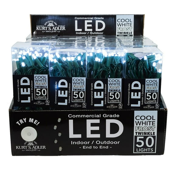 Kurt S. Adler UL 50-Light 5MM Cool White Frosted Twinkle LED Green Wire Light Set