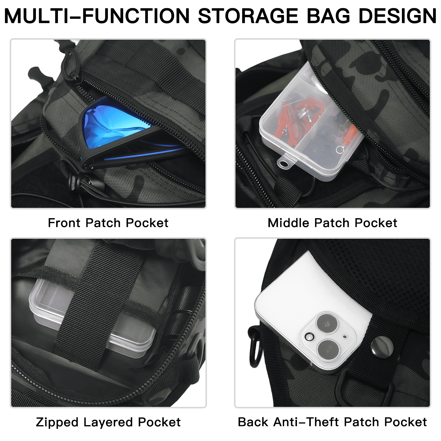AGOPLEE Tactical Fishing Tackle Bag, Fishing Sling Backpack  with Rod & Gear Holder Outdoor Fishing Shoulder Pack for Fishing