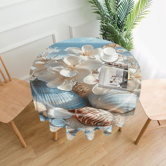 RKSupls 60 Inch Round Tablecloth, Seashell Flowers Beach Premium Polyester Straight Edge Wrinkle Resistant Washable Table Cover for Party Home Dining Decor