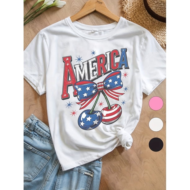 Camiseta patriótica del 4 de julio para niña: algodón, rojo, blanco y azul, corte holgado, linda camiseta gráfica. Regalo del Día de la Independencia para jóvenes amantes de Estados Unidos. Ropa para