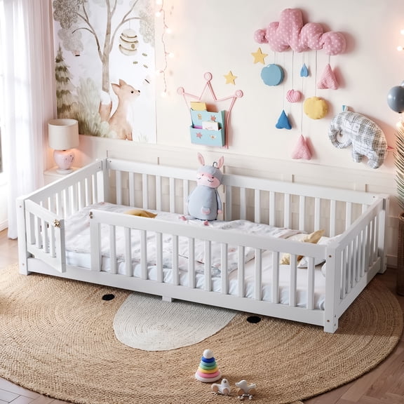 UHOMEPRO Twin Size Montessori Floor Bed with Door, Safety Guardrails & 7 Removable Slats, Low Profile Wood Floor Bed Frame for Kids, No Box Spring Needed, White