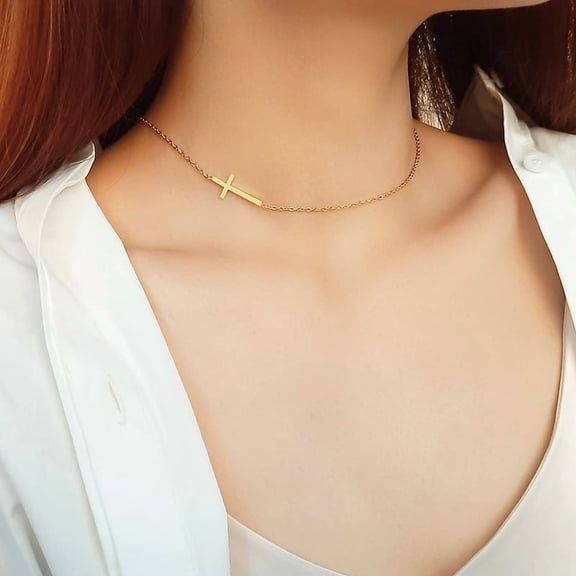 Women's 14K Yellow Gold Sideways Cross Choker Necklace – Tiny Short Chain Religious Jewelry for Women