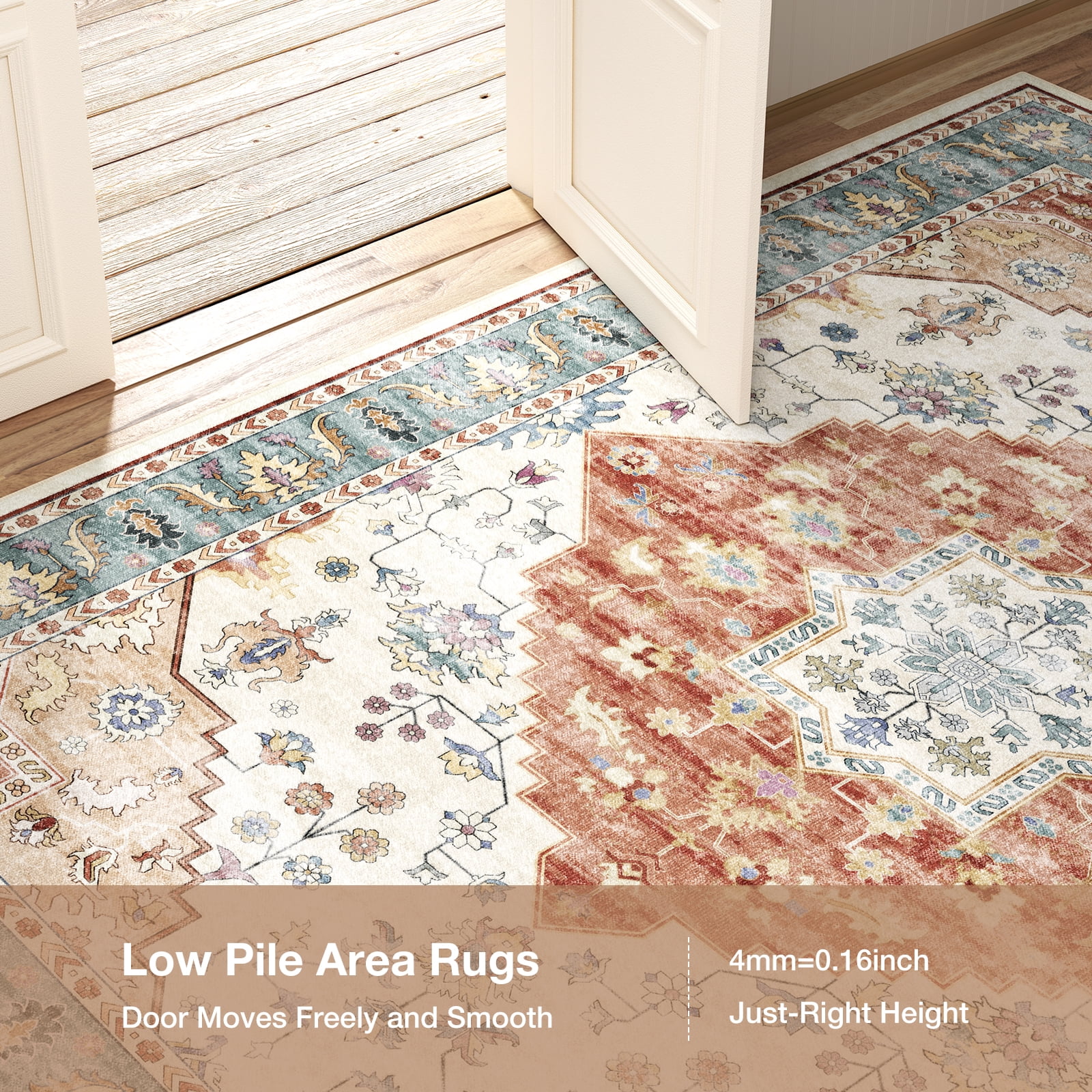 Washable Area Rug for Living Room, NovDeco 9'x12' Non-Slip Vintage Print Persian Indoor Rug, Stain Resistant Carpet for Bedroom, Kitchen, Brick Red