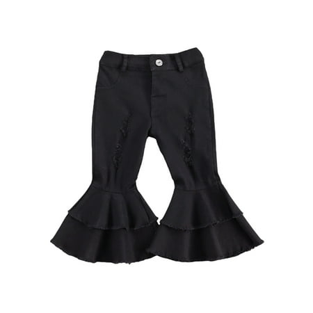 

Toddler Girl Ripped Double-Layer Bell-Bottoms Jeans Ruffles Flared Denim Pants Wide Legs Trousers