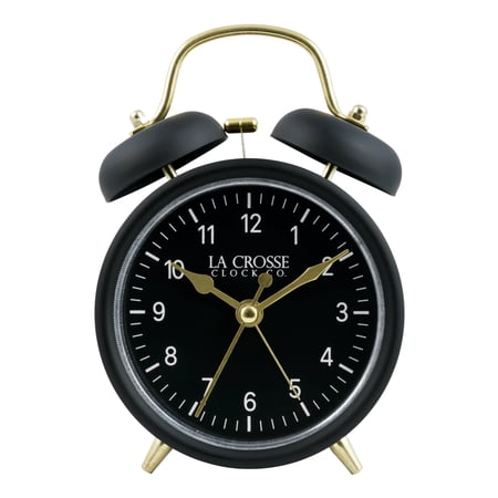 La Crosse Clock Black Twin Bell Silent Sweeping Quartz Analog Alarm Clock, 617-3314BG