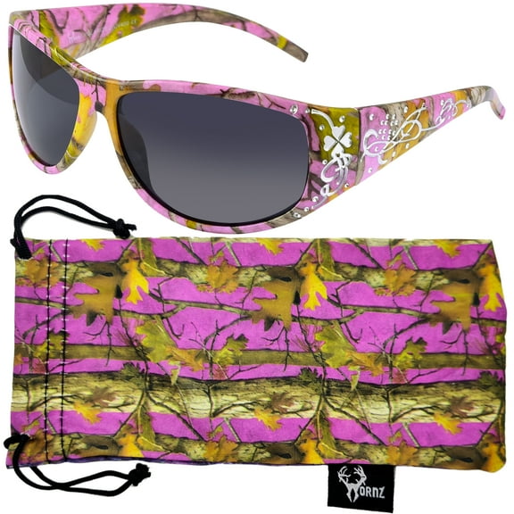 Hornz Purple Camouflage Polarized Sunglasses Country Girl Style Camo & Free Matching Microfiber Pouch - Purple Camo Frame - Smoke Lens