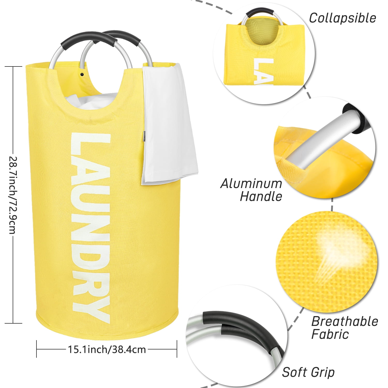 Laundry Basket, Roiroiko Waterproof 115L Large Collapsible Fabric Laundry Hamper, Foldable Clothes Storage Washing Bag Washing Bin with Alloy Handles for College Bathroom Travel (Yellow, XL)