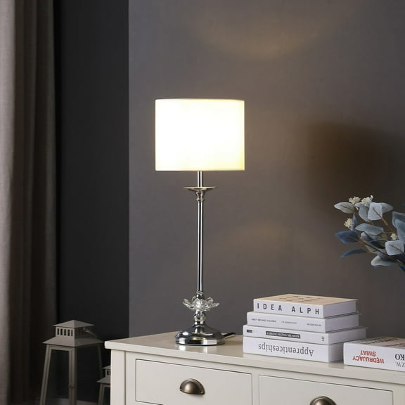 Noble House 25.5" Buffet Crystal Floral Table Lamp, Chrome Metal, White Drum Shade, E12/B10 Light Bulb, White
