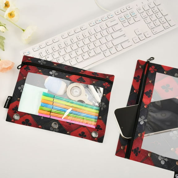 Red Black Grids 2 Pack Pencil Pouches Zipper Pencil Case 3 Ring Pencil Pouch Cosmetic Bag