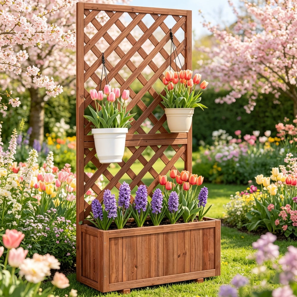 Black Metal Privacy Screen with Raised Garden Bed, Freestanding Outdoor Planter with Wall Mount Screws for Entryway Patio