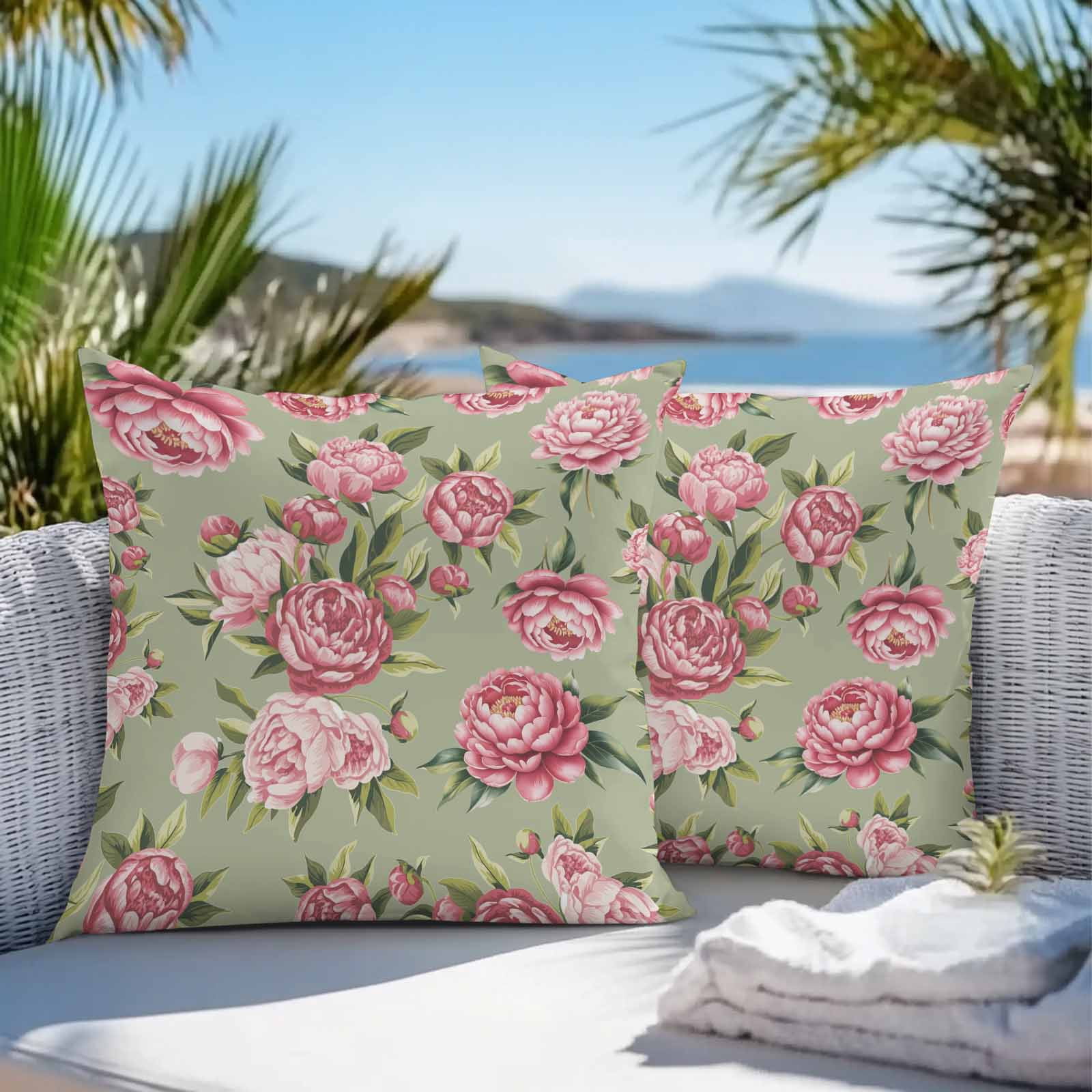 Outdoor Waterproof Throw Pillow Covers Set of 2 Pink Rose Floral Decorative Pillowcases Square Outdoor Pillows Cushion Case 18x18 Inch Sage Green Leaves Flowers Patio Pillows for Couch Sofa Bed