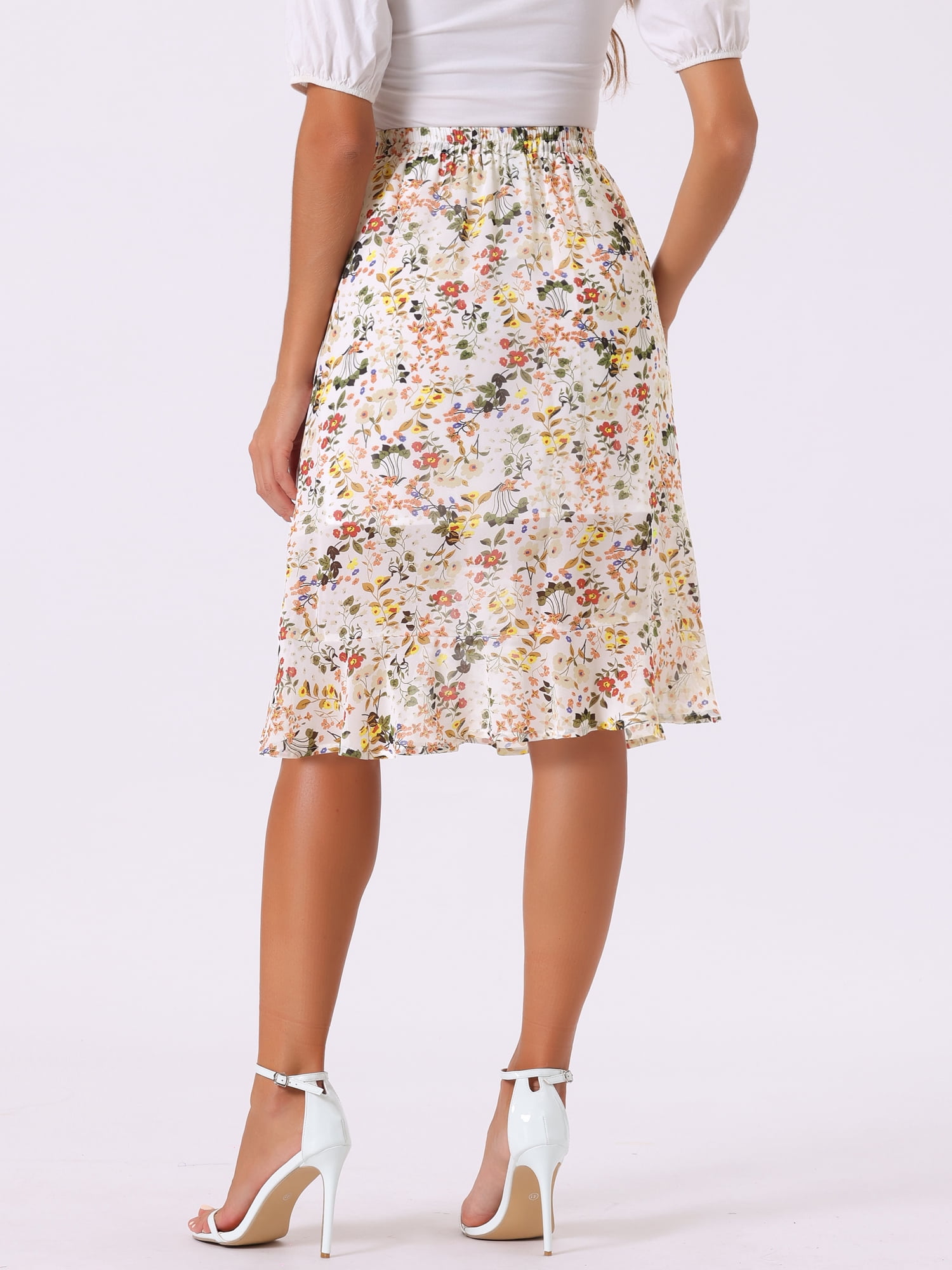 DARING DIVA Women's Floral Ruffle Hem Elastic Back Split Skirt M White