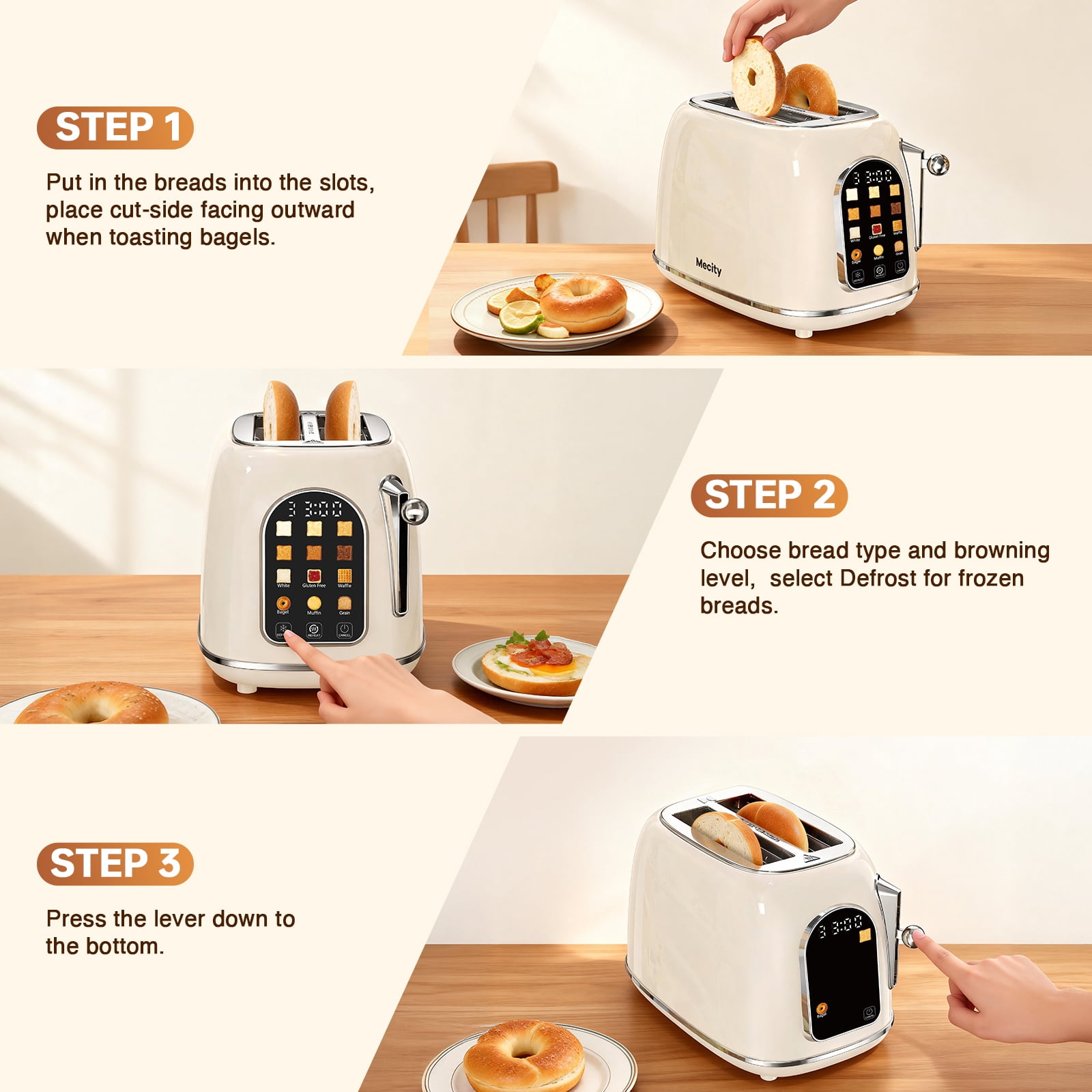 Mecity Easy Touch Screen Toaster 2 Slice – Retro Wide Slot Stainless Steel Toaster with Large Display, 6 Browning Levels, Bagel, Defrost & Reheat, Removable Crumb Tray, Cream Color
