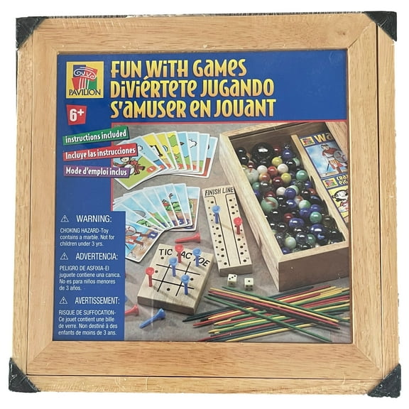 Pavilion Fun With Games Set In Wooden Game Box Marbles Pick Up Sticks Cards