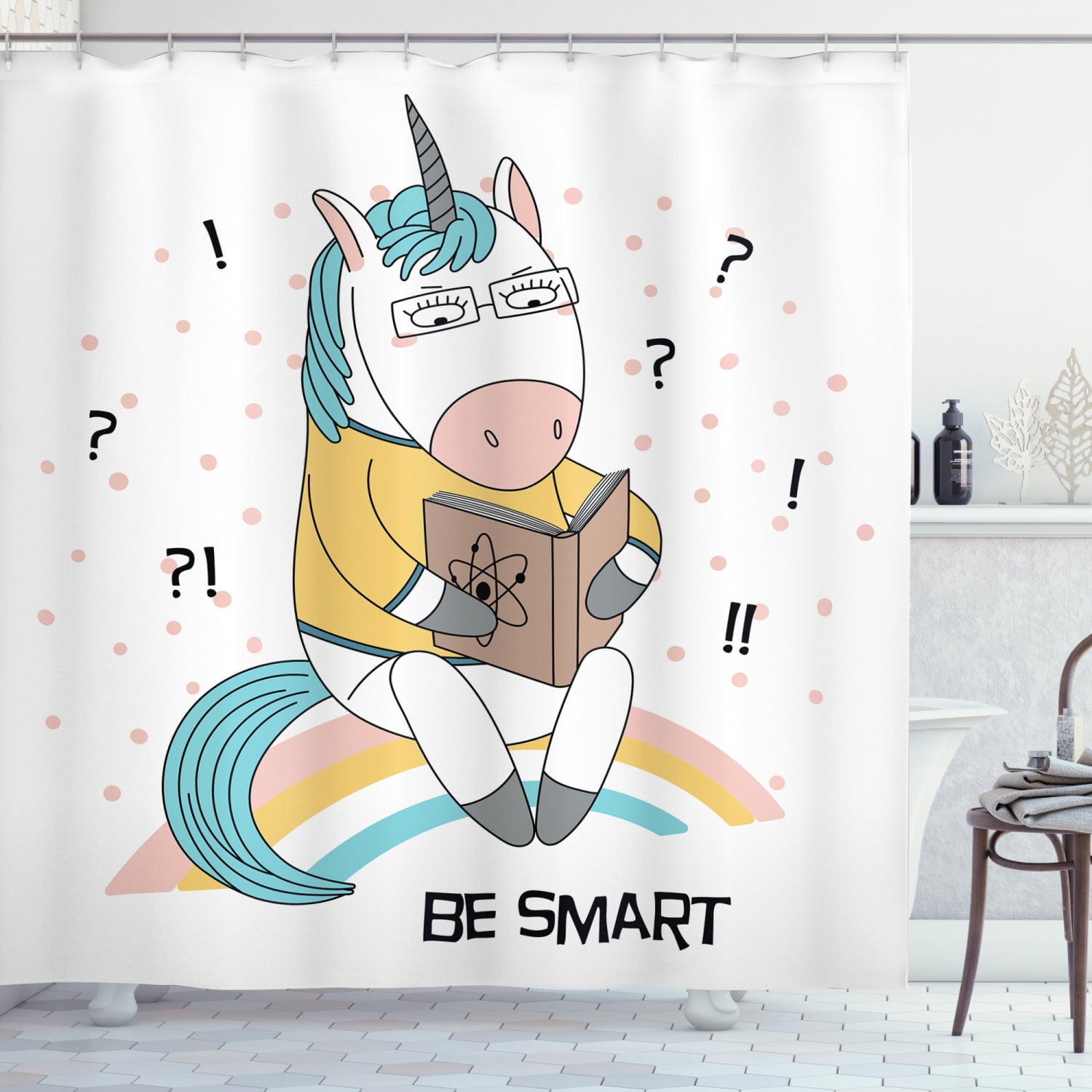 Geek Shower Curtain, Pattern of Cartoon Unicorn Sitting on a Rainbow
