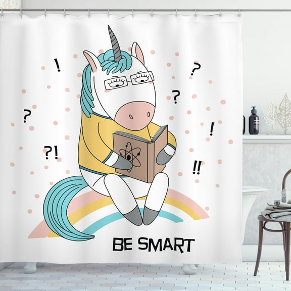 Geek Shower Curtain, Pattern of Cartoon Unicorn Sitting on a Rainbow and Reading Book about Atomic Physics, Fabric Bathroom Set with Hooks, 69W X 70L Inches, Multicolor, by Ambesonne