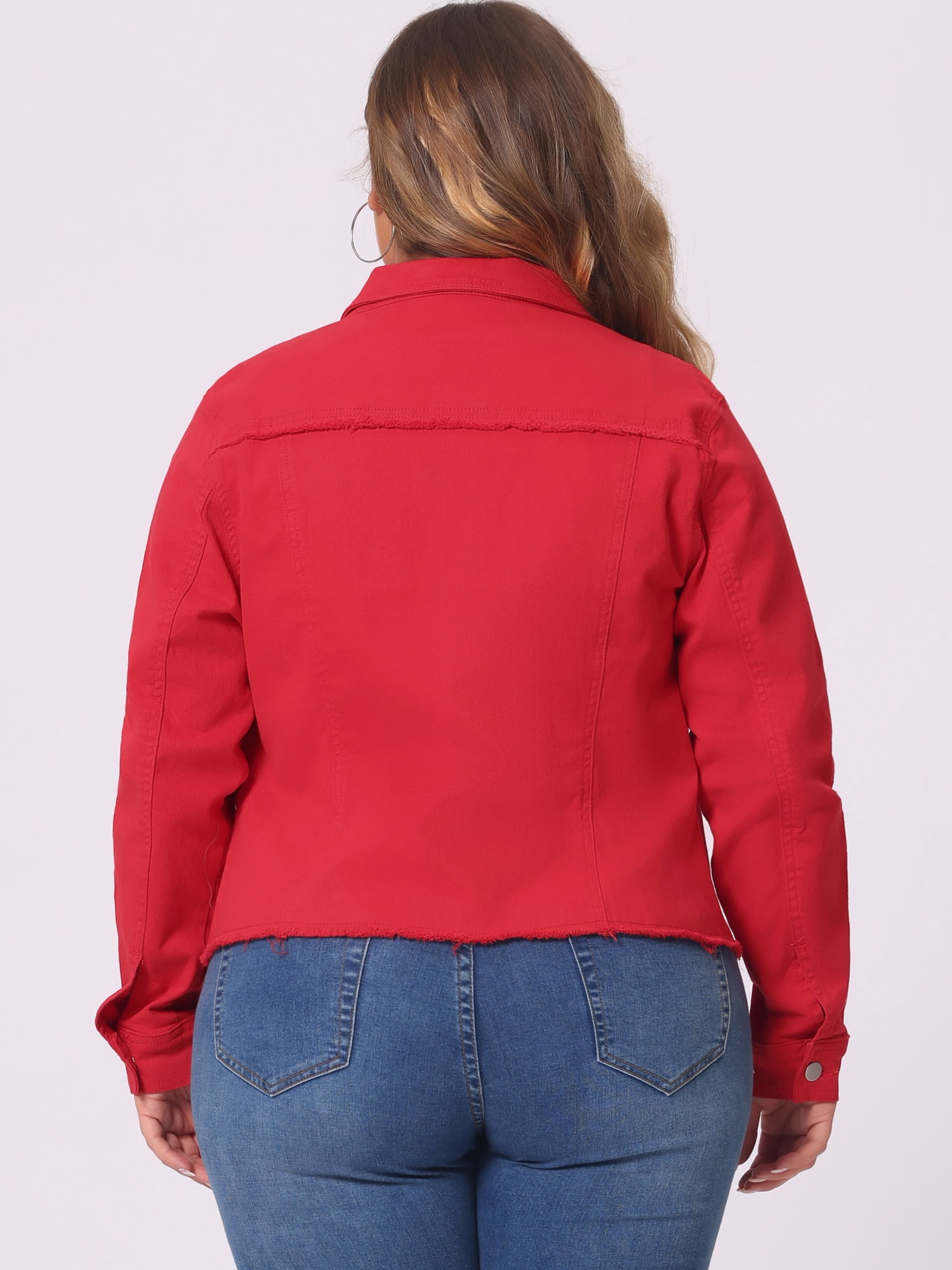DARING DIVA Women's Plus Size Washed Front Frayed Classic Denim Jacket 5X Red