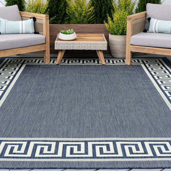 8x10 Water Resistant, Large Indoor Outdoor Rugs for Patios, Front Door Entry, Entryway, Deck, Porch, Balcony | Outside Area Rug for Patio | Navy, Greek Key | Size: 7'10'' x 10'2''