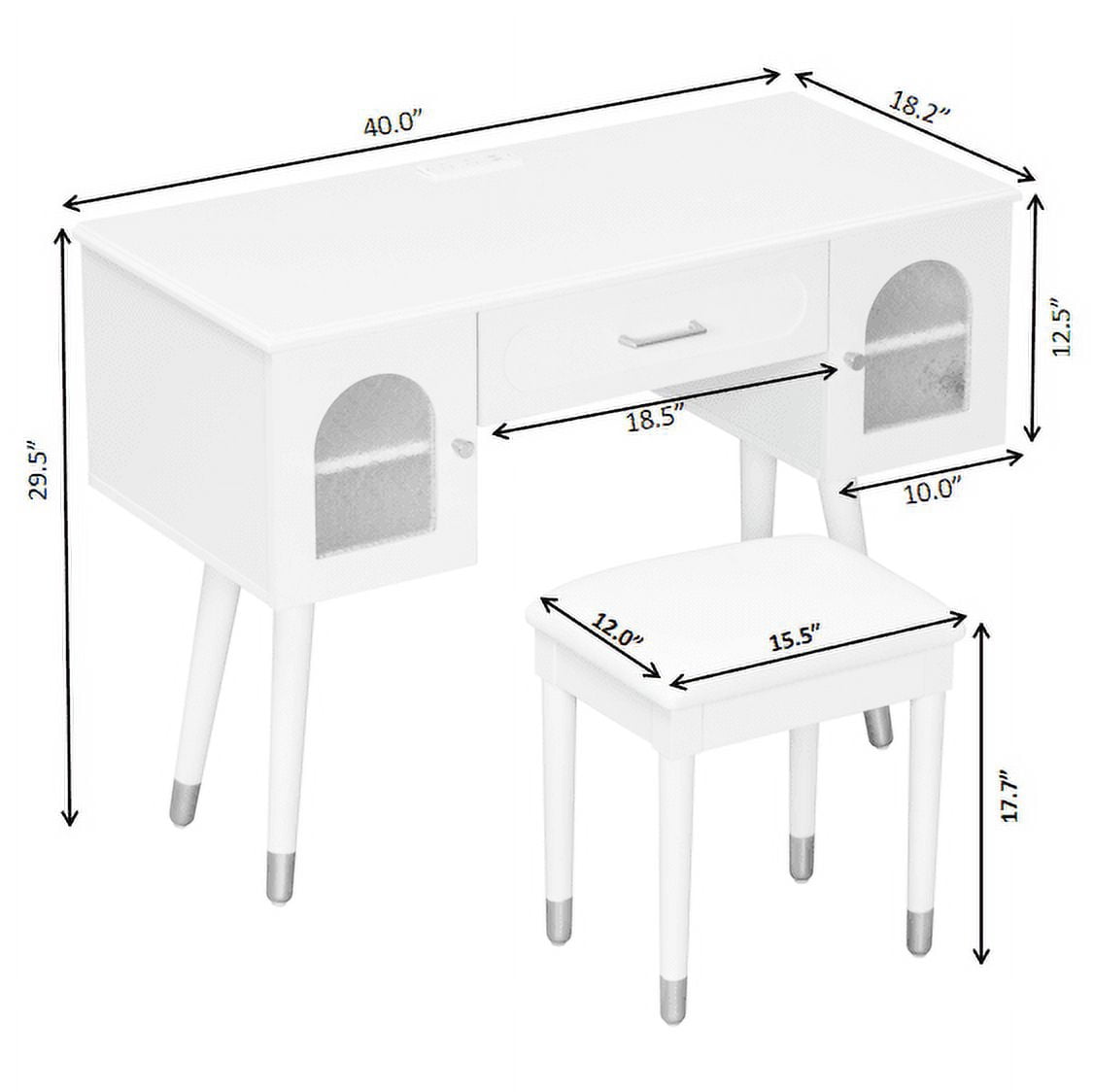 Makeup Vanity Table and Stool Set, Dressing Desk with Charging Station, Storage Cabinet, and Glass Door, Writing Desk with Outlets for Bedroom, White Finish