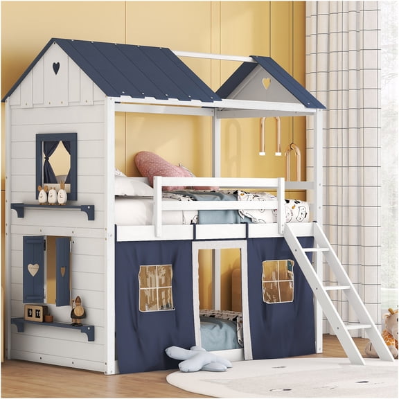 JERFIT Twin Size House Bunk Bed with Play Tent, Windows & Sill, Space-Saving Design, Solid Wood & MDF Construction, Blue and White Finish
