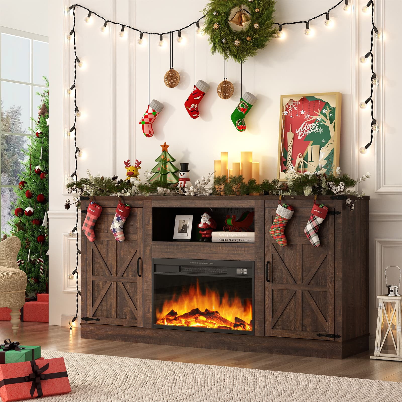 Blotout Farmhouse Fireplace TV Stand for TVs up to up 75" TVs, 66" Entertainment Center with with 26" Electric Fireplace & Adjustable Shelves for Living Room Bedroom