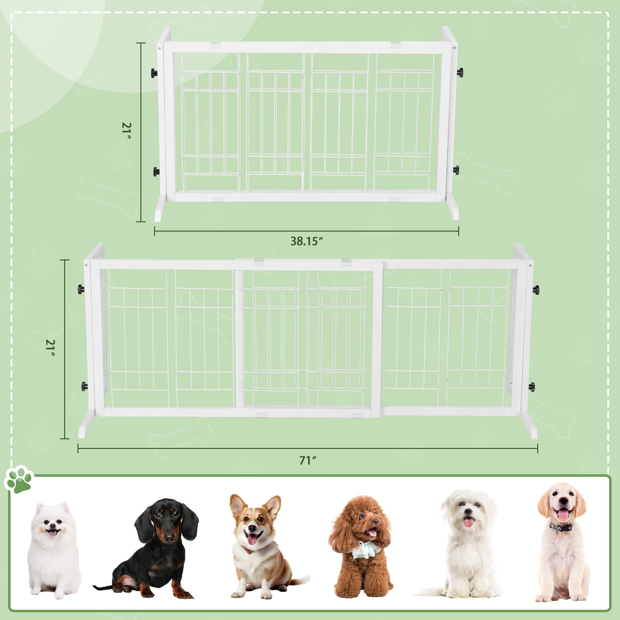 Coziwow Freestanding Wood Pet Gate, 38"-71" Sturdy Solid Wood Dog Gate for The House, Doorway, Stairs, Pet Puppy Safety Fence, White