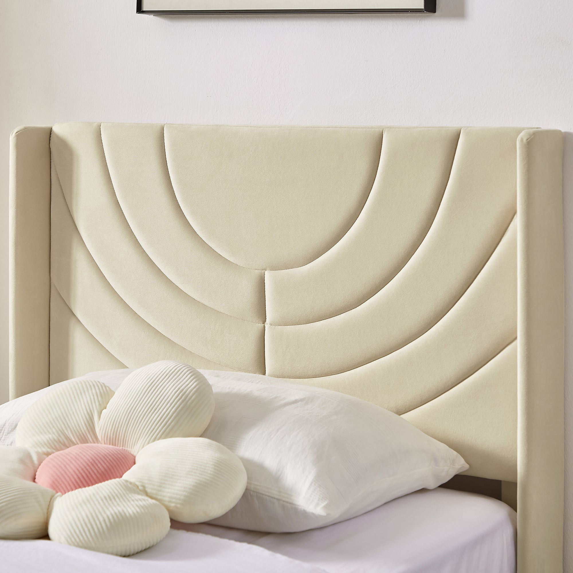 Taomika, Twin Size Upholstered Height-adjustable Platform Bed Frame with Wingback Headboard-Beige