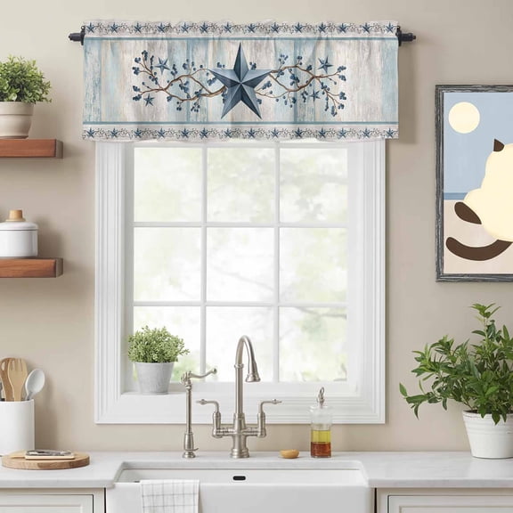 Blue Country Star Valances for Windows,Rod Pocket Valance for Kitchen Bedroom Bathroom Living Room,Vintage Berries on Farm Wood Window Valance Curtain Farmhouse Home Decor Short Curtains 54x18in