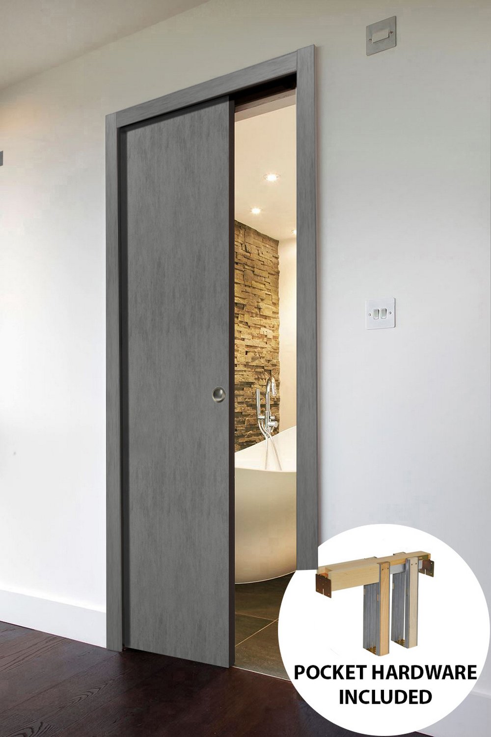 Sliding French Pocket Door 30 x 84 inches with | Planum 0010 Concrete | Kit Trims Rail Hardware | Solid Wood Interior Bedroom Sturdy Doors - image 2 of 3