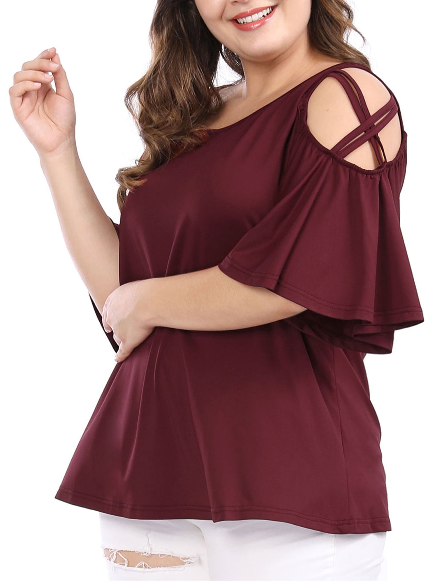Unique Bargains Women's Plus Solid Strappy Cold Shoulder Trumpet Sleeve T-shirt