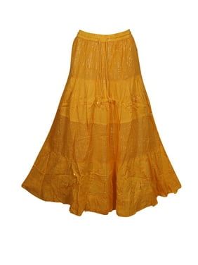 Mogul Women Yellow Embroidered Maxi Skirt Elastic Waist Cotton Solid Casual Bohemian Long Skirts S/M