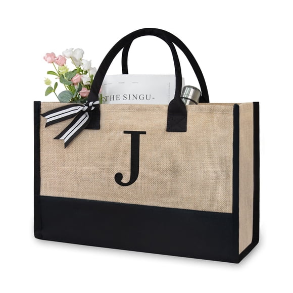 TOPDesign Personalized Initial Canvas Beach Bag, Monogrammed Gift Tote Bag for Women, Black & Brown, 17" x 11.8" x 7.8", J
