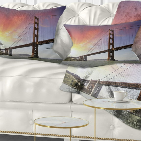 Designart Gold Gate Bridge and Sky - Landscape Photo Throw Pillow - 12x20