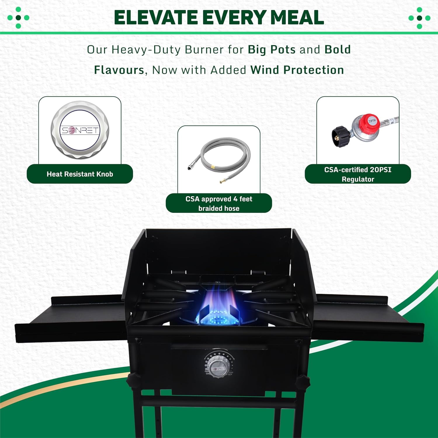 SONRET - Single Burner Propane Stove - 1,30,000 BTU - with Dual Side Shelf & Wind Panel