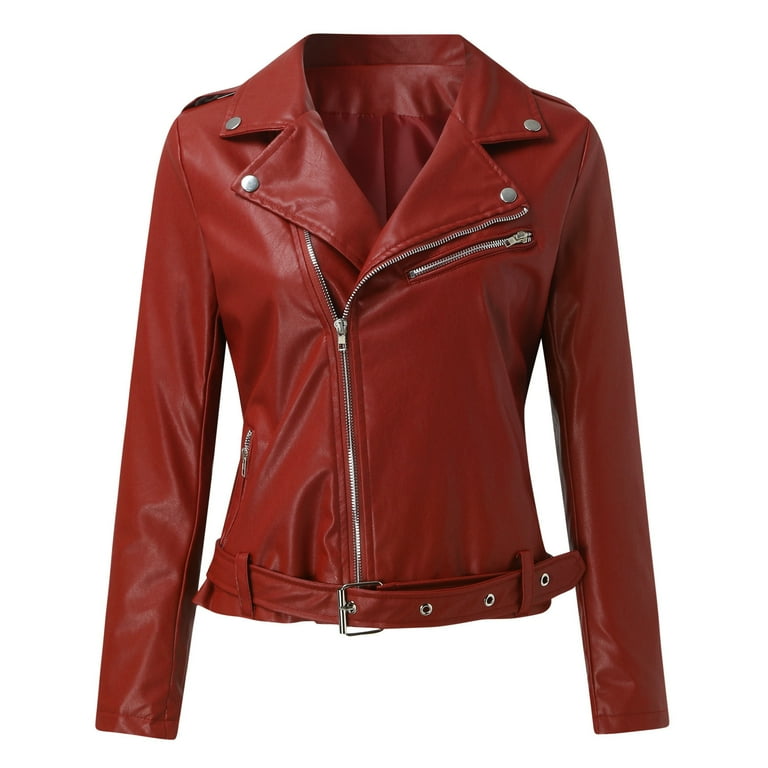 Women s Fitted Long Sleeve Artificial Leather Jacket
