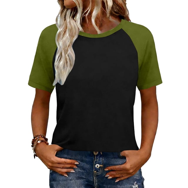 Camisetas de manga corta de verano para las mujeres Moda casual de manga de Raglan Color bloqueado Top, blusa de manga corta de las mujeres para la primavera