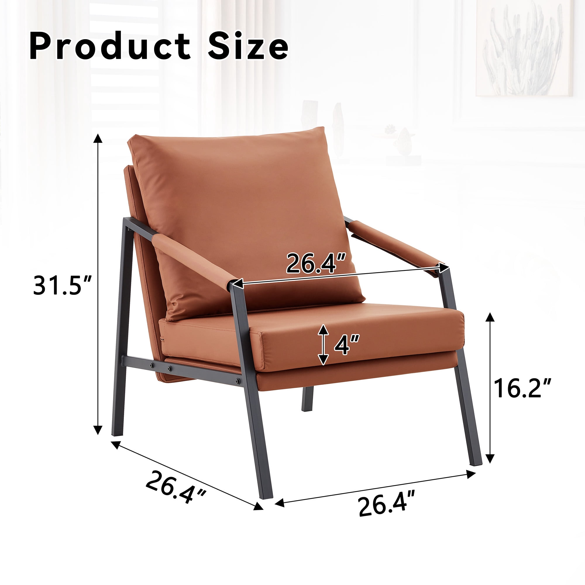 Alvantor Brown Faux Leather Accent Chair with Black Metal Frame and Armrests