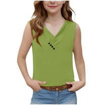DeHolifer Shirts for Girls V-Neck Button Solid Color Casual Loose Sleeveless Summer Lightweight Blouse Tops,5 Years