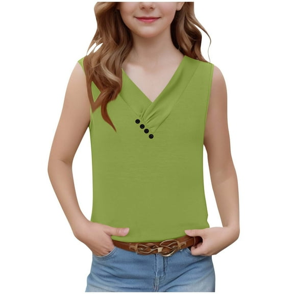 DeHolifer Shirts for Girls V-Neck Button Solid Color Casual Loose Sleeveless Summer Lightweight Blouse Tops,5 Years